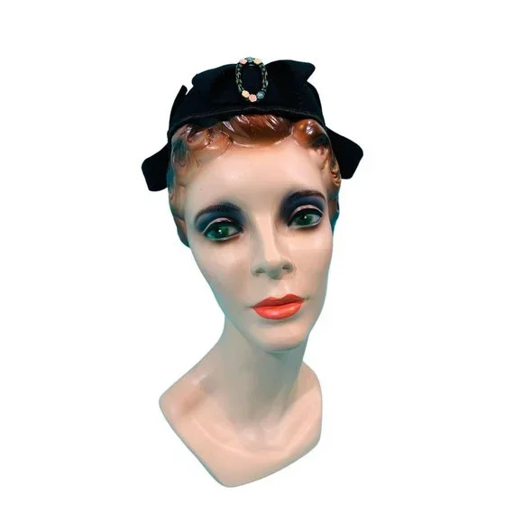 Vintage 1940s Wool Cap Black Unique Armand Schwab & Co Hat